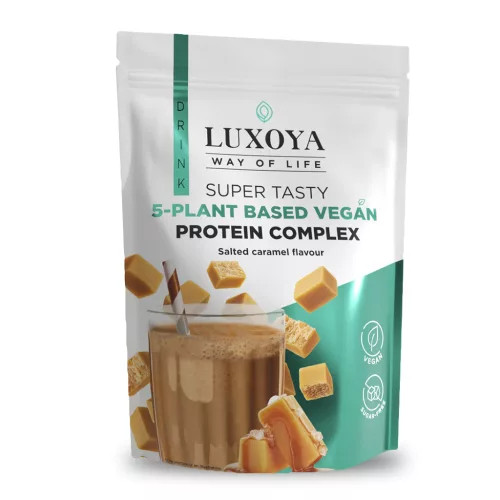Luxoya Super Tasty 5 féle növényi fehérje vegán komplex italpor 450 g DOY - Sós karamell ízű