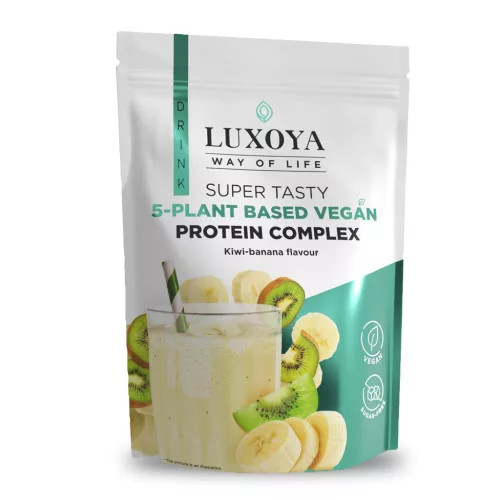 Luxoya Super Tasty 5 féle növényi fehérje vegán komplex italpor 450 g DOY - Kivi-banán ízű